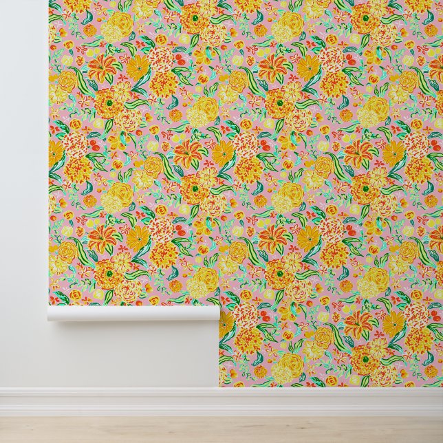 Preppy Palm Beach Pink & Orange Flowers Wallpaper (Application)