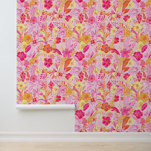 Preppy Palm Beach Pink & Orange Jungle Giraffes Wallpaper