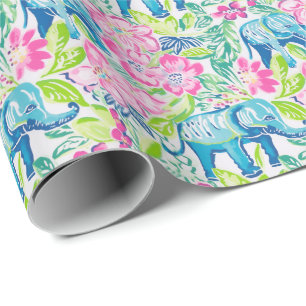 Preppy Palm Beach Print Blue and Pink Elephants Wrapping Paper