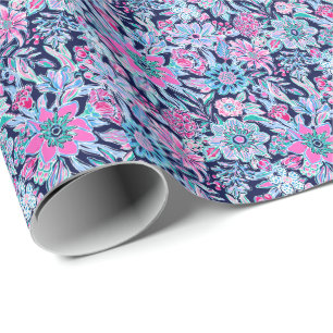 Preppy Palm Beach Print Blue and Pink Flowers Wrapping Paper