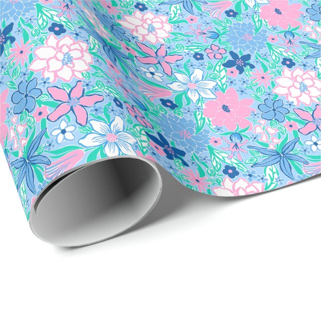 Preppy Palm Beach Print Blue and Pink Flowers Wrapping Paper (Roll Corner)