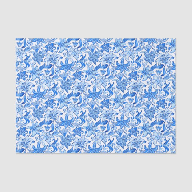 Preppy Palm Beach Print Blue and White Flowers Tissue Paper (Front)