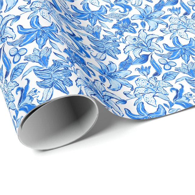 Preppy Palm Beach Print Blue and White Flowers Wrapping Paper (Roll Corner)