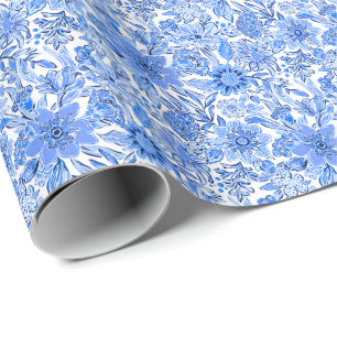 Preppy Palm Beach Print Blue and White Flowers Wrapping Paper