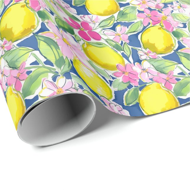 Preppy Palm Beach Print Blue and Yellow Lemons Wrapping Paper (Roll Corner)