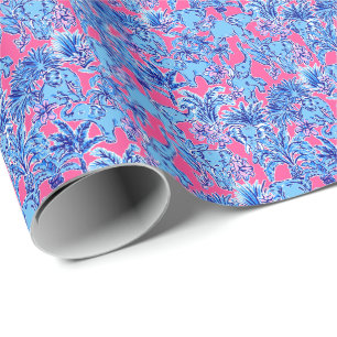 Preppy Palm Beach Print Blue Elephants Wrapping Paper