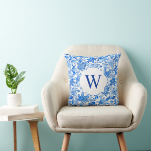 Preppy Palm Beach Print Blue Flowers Monogram Cushion