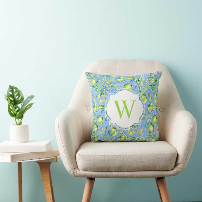 Preppy Palm Beach Print Blue Limes Monogram Cushion (Chair)