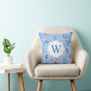 Preppy Palm Beach Print Blue Turtles Monogram Cushion