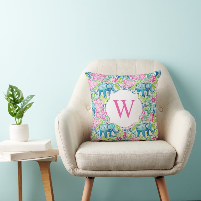 Preppy Palm Beach Print Elephant Flowers Monogram Cushion (Chair)