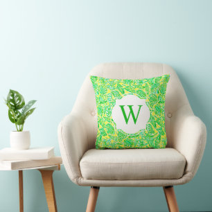 Preppy Palm Beach Print Green Shells Monogram Cushion