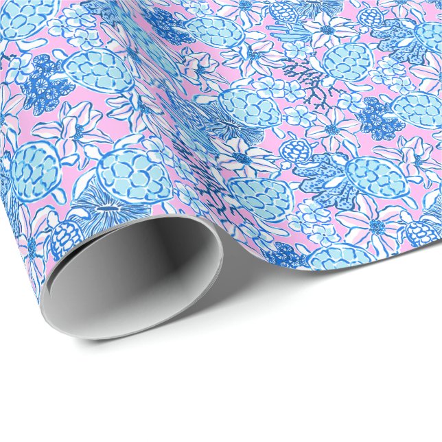 Preppy Palm Beach Print Lavender & Blue Turtles Wrapping Paper (Roll Corner)