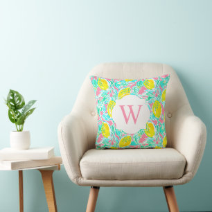 Preppy Palm Beach Print Lemons Monogram Cushion