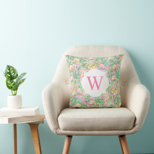 Preppy Palm Beach Print Lt. Pink Oranges Monogram Cushion