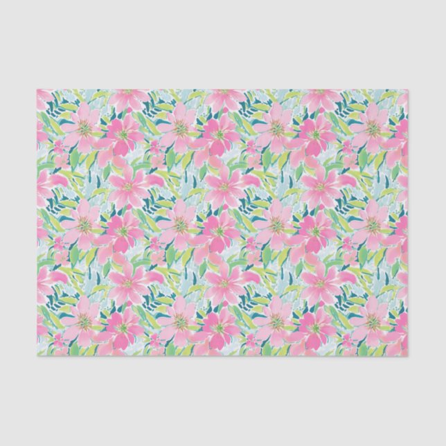 Preppy Palm Beach Print Pink and Green Flowers Tissue Paper (Front)
