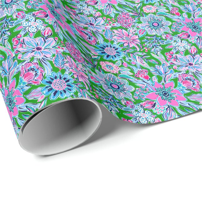 Preppy Palm Beach Print Pink and Green Flowers Wrapping Paper (Roll Corner)