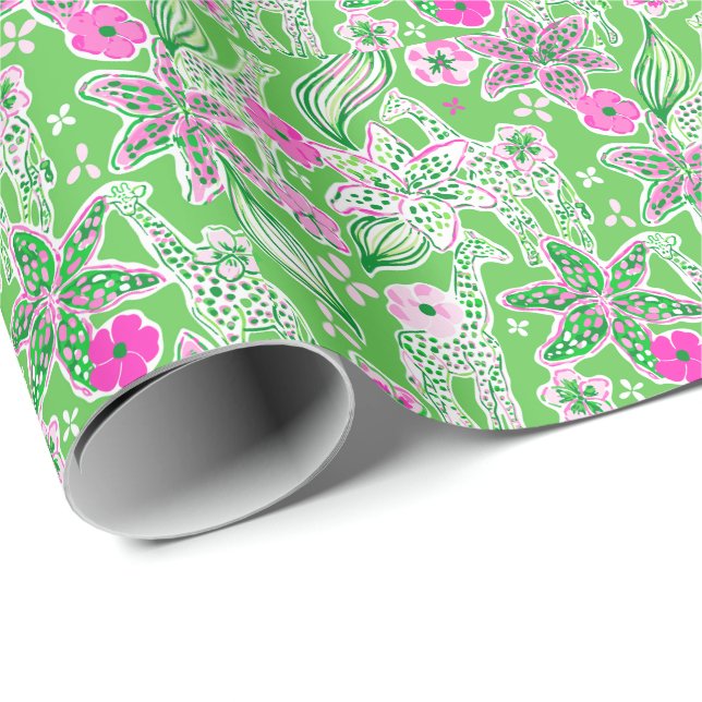 Preppy Palm Beach Print Pink and Green Giraffes Wrapping Paper (Roll Corner)