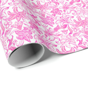 Preppy Palm Beach Print Pink and White Flowers Wrapping Paper