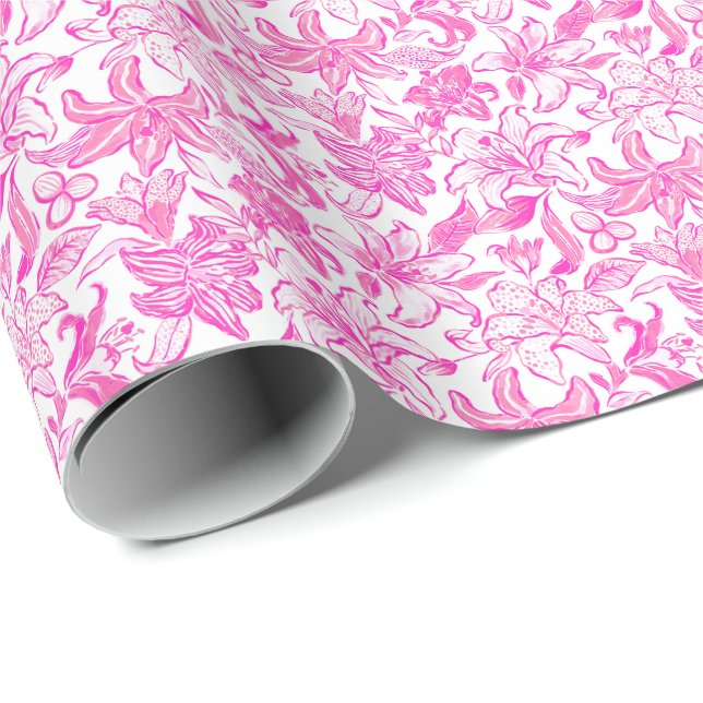 Preppy Palm Beach Print Pink and White Flowers Wrapping Paper (Roll Corner)