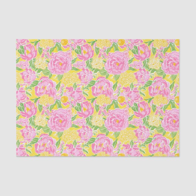 Preppy Palm Beach Print Pink and Yellow Flowers Tissue Paper (Front)