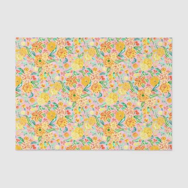 Preppy Palm Beach Print Pink and Yellow Flowers Tissue Paper (Front)