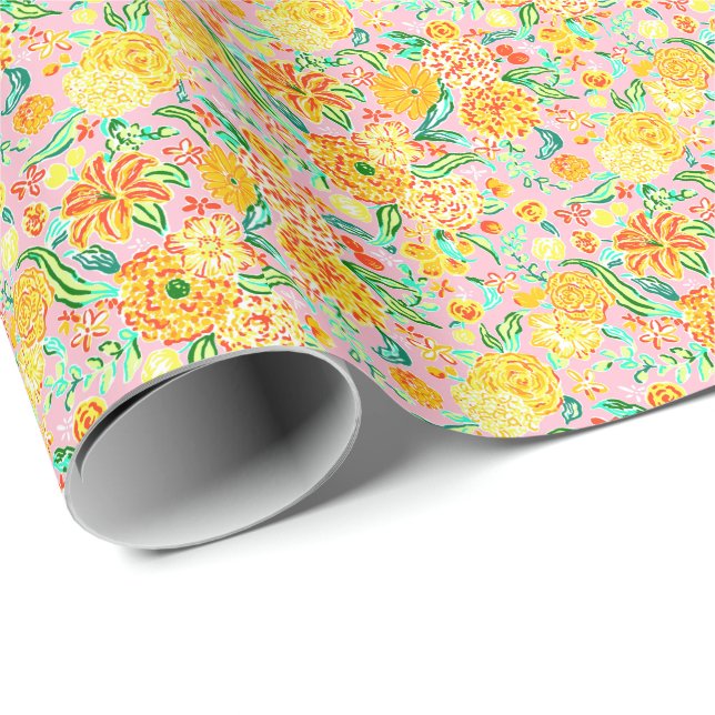 Preppy Palm Beach Print Pink and Yellow Flowers Wrapping Paper (Roll Corner)
