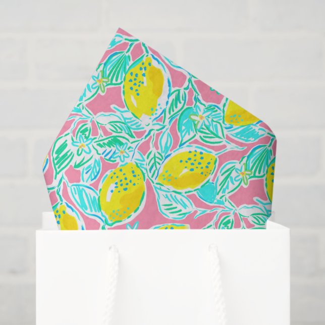 Preppy Palm Beach Print Pink and Yellow Lemons Tissue Paper (Gift Bag)
