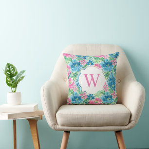 Preppy Palm Beach Print Pink Blue Flowers Monogram Cushion