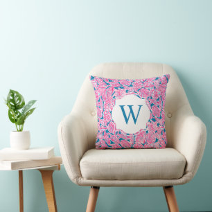 Preppy Palm Beach Print Pink Blue Shells Monogram Cushion