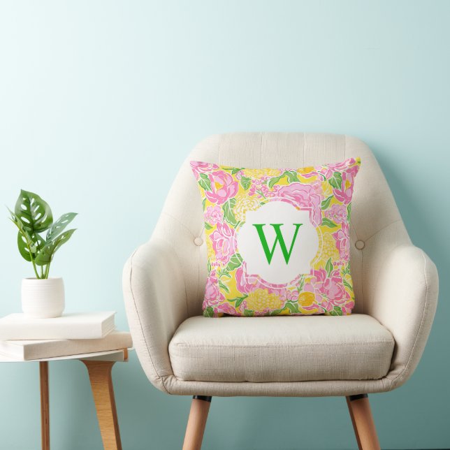 Preppy Palm Beach Print Pink Flowers Monogram Cushion (Chair)