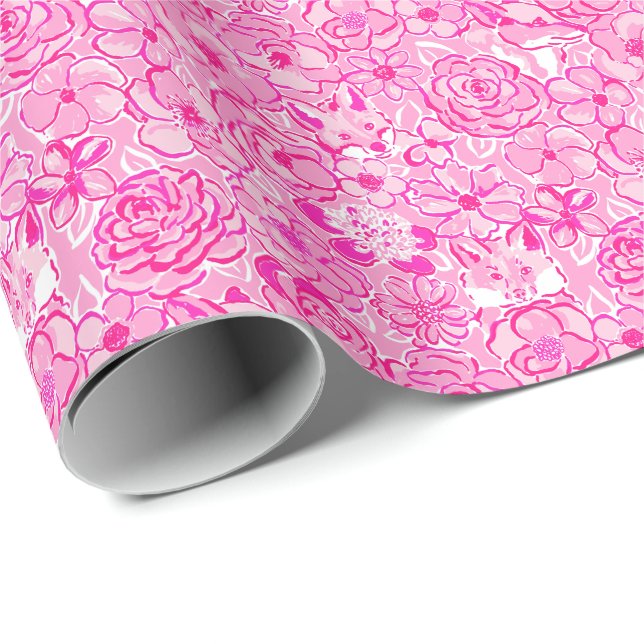 Preppy Palm Beach Print Pink Foxes and Flowers Wrapping Paper (Roll Corner)
