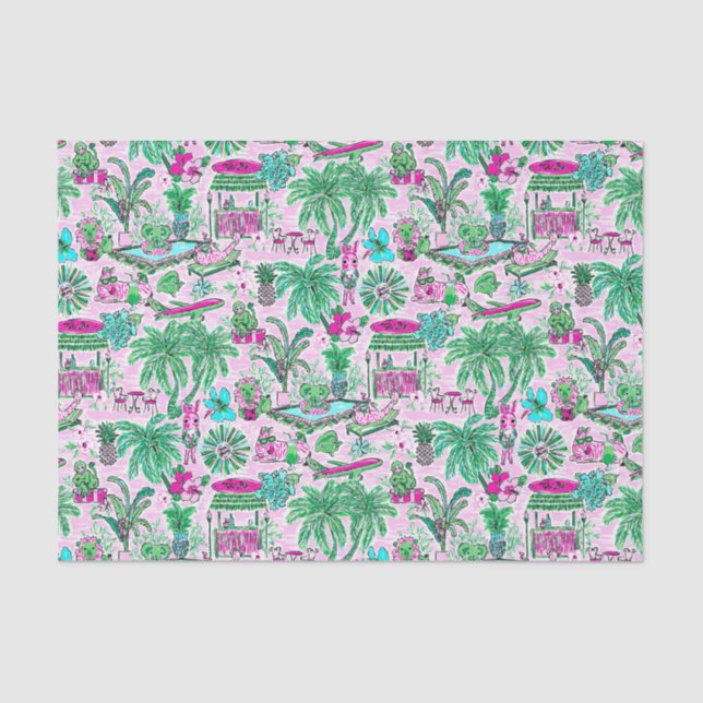 Preppy Palm Beach Print Pink & Green Animal Vacay Tissue Paper (Front)