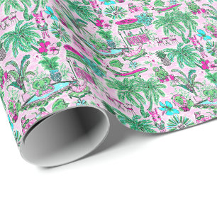 Preppy Palm Beach Print Pink & Green Animal Vacay Wrapping Paper