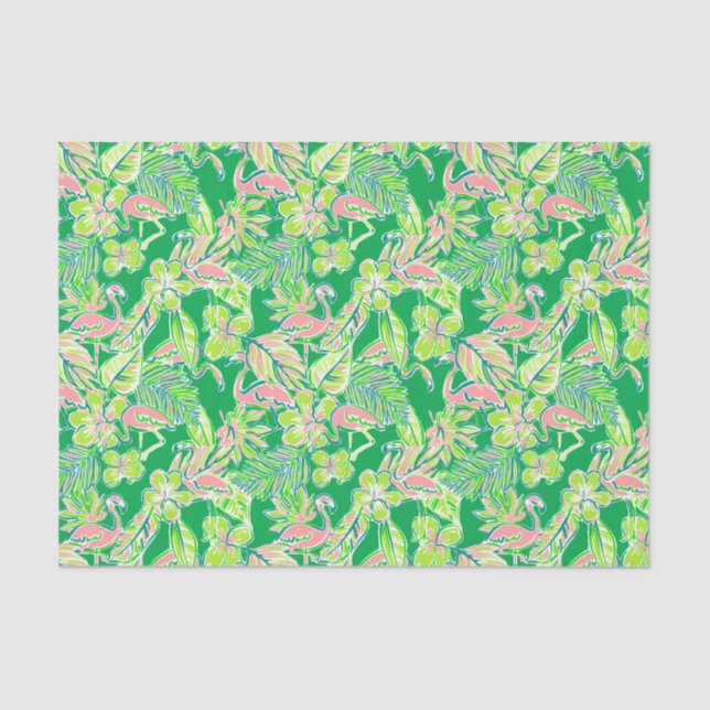 Preppy Palm Beach Print Pink & Green Flamingos Tissue Paper (Front)
