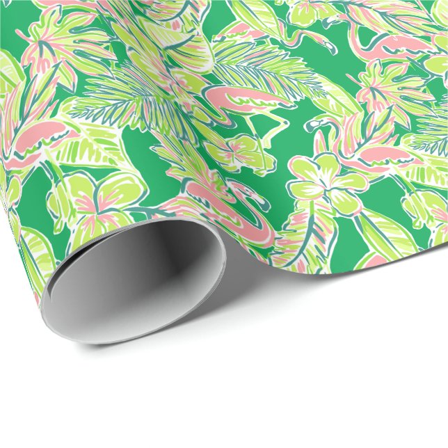 Preppy Palm Beach Print Pink & Green Flamingos Wrapping Paper (Roll Corner)
