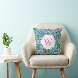 Preppy Palm Beach Print Pink Green Floral Monogram Cushion