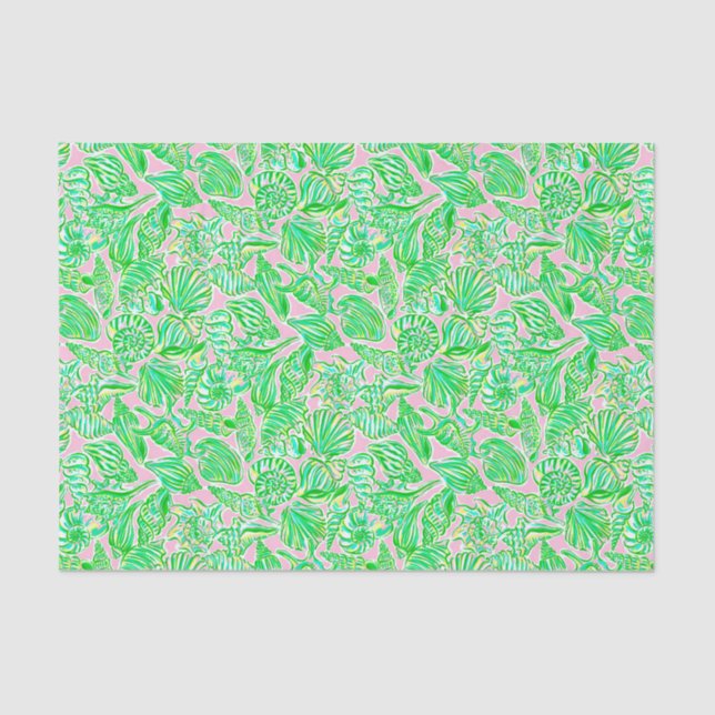 Preppy Palm Beach Print Pink & Green Seashells Tissue Paper (Front)