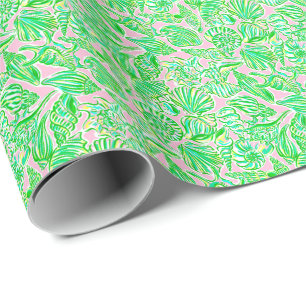 Preppy Palm Beach Print Pink & Green Seashells Wrapping Paper