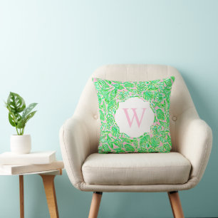 Preppy Palm Beach Print Pink Green Shells Monogram Cushion