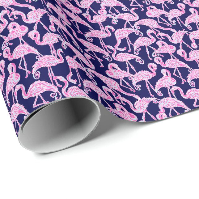 Preppy Palm Beach Print Pink & Navy Flamingos Wrapping Paper (Roll Corner)