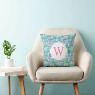 Preppy Palm Beach Print Pink Sailboats Monogram Cushion
