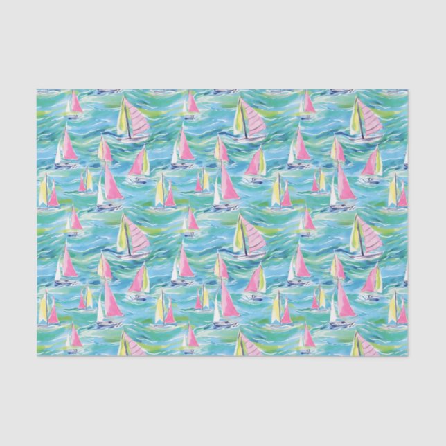 Preppy Palm Beach Print Pink Sailboats Tissue Paper (Front)