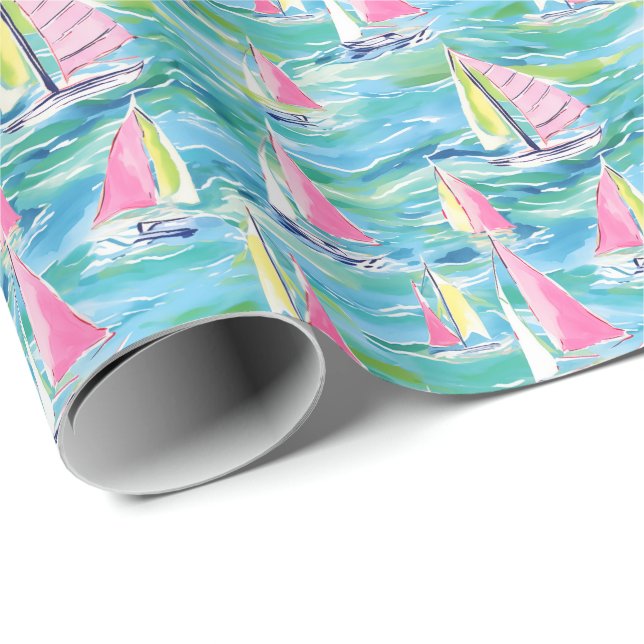 Preppy Palm Beach Print Pink Sailboats Wrapping Paper (Roll Corner)
