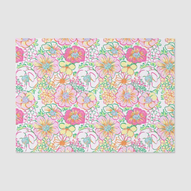 Preppy Palm Beach Print Pink & Yellow Flowers Tissue Paper (Front)