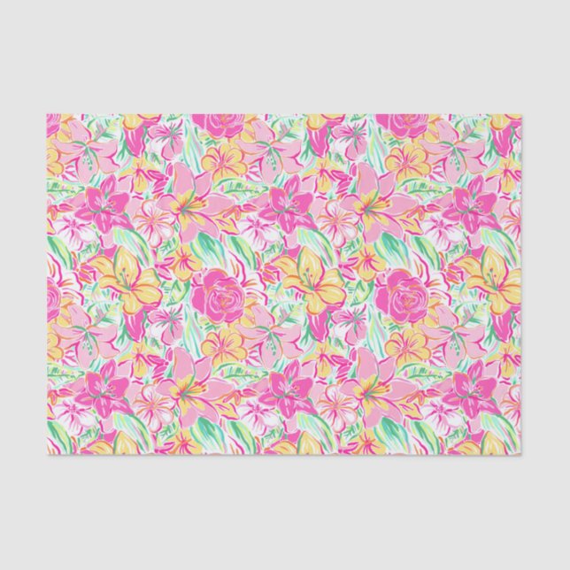 Preppy Palm Beach Print Pink & Yellow Lily Flowers Tissue Paper (Front)