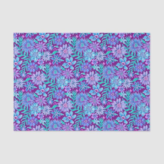 Preppy Palm Beach Print Purple & Blue Flowers Tissue Paper (Front)