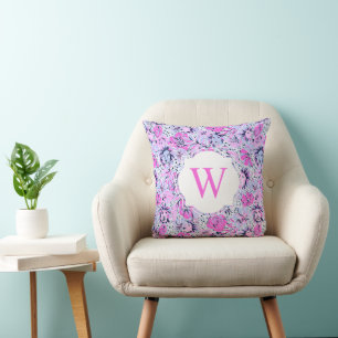 Preppy Palm Beach Print Purple Lions Monogram Cushion