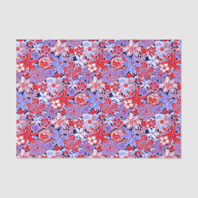Preppy Palm Beach Print Red White & Blue Flowers Tissue Paper (Front)