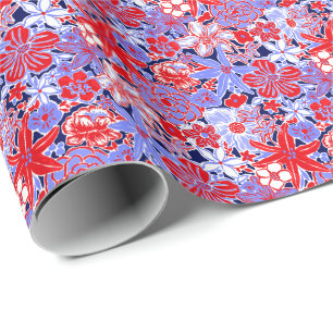 Preppy Palm Beach Print Red White & Blue Flowers Wrapping Paper