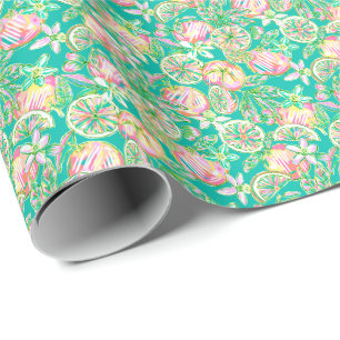 Preppy Palm Beach Print Teal and Pink Oranges Wrapping Paper